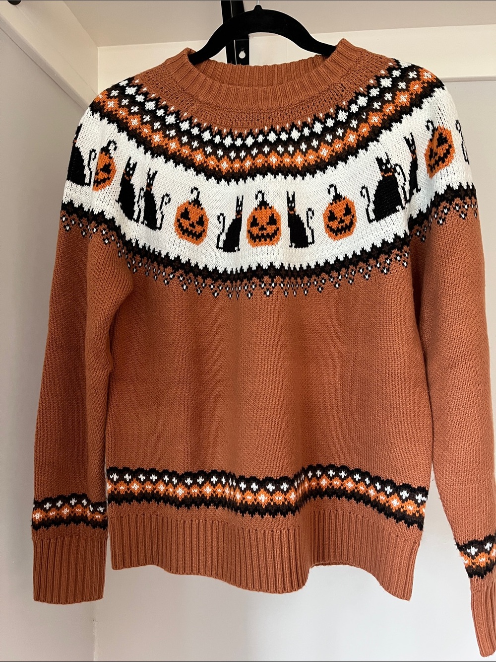 Rust Orange Halloween Fair Isle Sweater with Cat & Pumpkin Motif